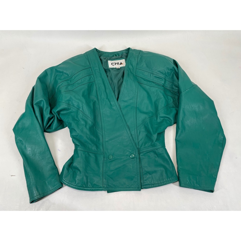 Vintage Chia Teal Green Leather Jacket 80s Padded Shoulder Peplum Womens Medium